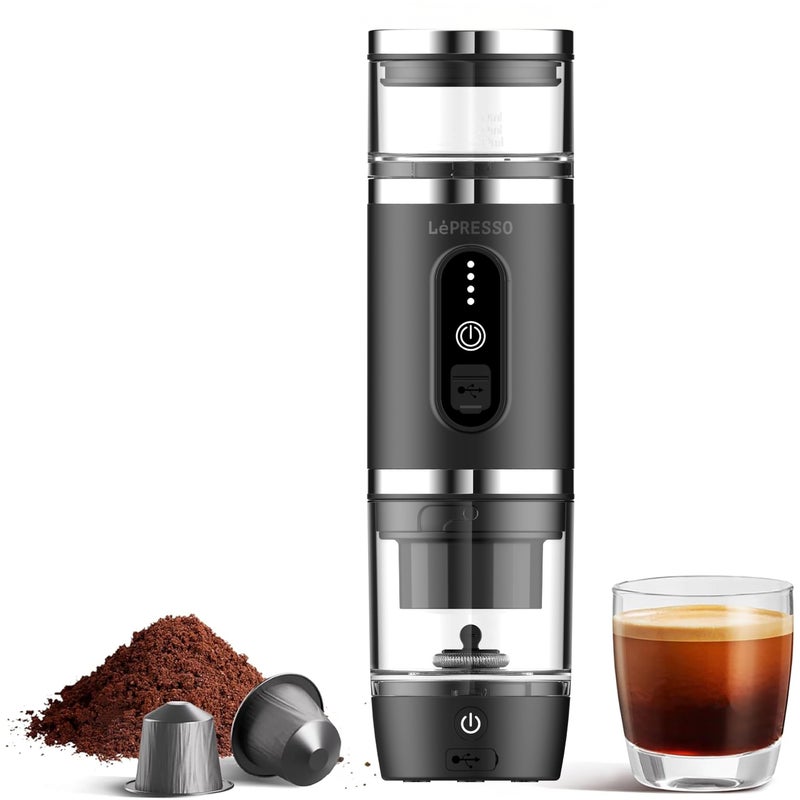 ليبرسو ماكينة صنع قهوة محمولة 4 في 1 سعة 80 مل مع خافق حليب / قوة 100 واط / ماكينة كبسولات قهوة 20 بار / متوافقة مع مسحوق القهوة وكبسولات نسبرسو ودولتشي جوستو - أسود - Image 1